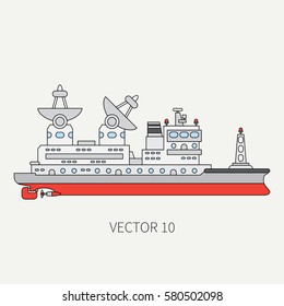 Line Flat Vector Color Icon Scientific Ship. Research Fleet. Cartoon Style. Sonar. Telemetry. Ocean. Industrial. Captain. Reconnaissance Mineral Resources. Illustration And Element For Your Design.