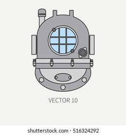 Line flat vector color marine icon with nautical design elements - retro diving helmet. Cartoon style. Illustration , element for your design. Sea adventures. Ocean. Frogman. Aqualung. Abyssal. Naval.