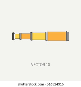 Line flat vector color marine icon with nautical design elements - retro spyglass. Cartoon style. Illustration and element for your design. Sea adventures. Ocean. Naval. Navigation. Maritime. Vintage.