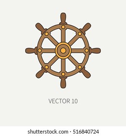 Line flat vector color marine icon with nautical design elements - steering wheel. Cartoon style. Illustration and element for your design. Sea adventures. Ocean. Naval. Navigation. Maritime. Vintage.