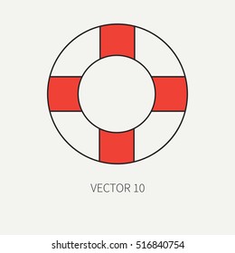 Line flat vector color marine icon with nautical design elements - retro lifebuoy. Cartoon style. Illustration , element for your design. Sea adventures. Ocean. Naval. Navigation. Maritime. Vintage.