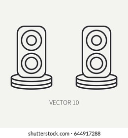 Line flat vector computer part icon audio speakers. Cartoon style. Digital gaming and business office pc desktop device. Innovation gadget. Sound loud. Illustration and element for design, wallpaper.
