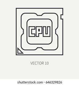 Line flat vector computer part icon processor. Cartoon style. Digital gaming and business office pc desktop device. Innovation gadget. Hardware. Chip cpu. Illustration and element for design wallpaper