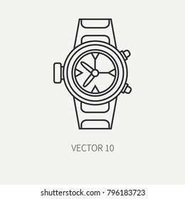 Line flat vector diver underwater equipment icon waterproof clock. Retro style. Ocean deep, sea beach. Snorkeling. Summer adventure vacation. Scuba aqualung. Illustration element for design, wallpaper