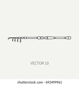 Line flat vector fisher and camping icon fishing rod. Fisherman equipment. Retro cartoon style. Holiday travel. Spinning. Lake. Boat. Catch. Nature. Illustration element for your design and wallpaper