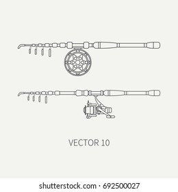 Line flat vector fisher and camping icon fishing rod with reel. Fisherman equipment. Retro cartoon style. Holiday travel. Spinning. Lake. Boat. Catch. Illustration element for your design, wallpaper.