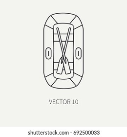 Line flat vector fisher and camping icon inflatable rubber boat. Fisherman equipment. Retro cartoon style. Holiday travel. Spinning. Lake. Oars. Catch. Illustration element for your design, wallpaper.