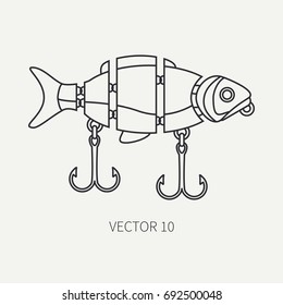 Line flat vector fisher and camping icon fishing hook, baubles, wobbler. Fisherman equipment. Retro cartoon style. Holiday travel. Spinning. Lake. Boat. Illustration element for your design, wallpaper