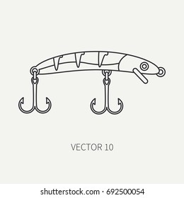 Line flat vector fisher and camping icon fishing hook, baubles, wobbler. Fisherman equipment. Retro cartoon style. Holiday travel. Spinning. Lake. Boat. Illustration element for your design, wallpaper