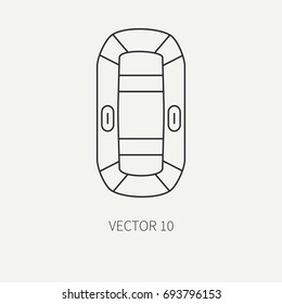 Line flat vector fisher and camping icon inflatable rubber boat. Fisherman equipment. Retro cartoon style. Holiday travel. Spinning. Lake. Bait. Catch. Illustration element for your design, wallpaper.