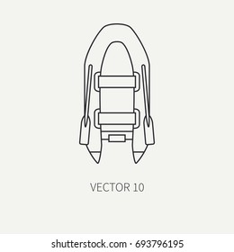 Line flat vector fisher and camping icon inflatable rubber boat. Fisherman equipment. Retro cartoon style. Holiday travel. Spinning. Lake. Oars. Catch. Illustration element for your design, wallpaper.