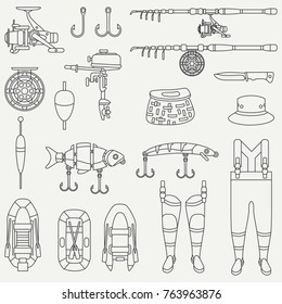 Line flat vector fisher and camping equipment icon set. Fisherman tools. Retro cartoon style. Holiday travel. Spinning. Hook. Boat. Wild nature. Illustration, element for your design and wallpaper.