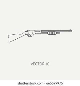 Line flat vector hunt and camping icon shotgun, rifle. Hunter equipment, armament. Retro cartoon style. Wildlife travel. Camouflage. Forest. Nature. Illustration and element for design, wallpaper