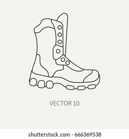 Line flat vector hunt and camping icon - ankle, boots. Hunter equipment, armament. Retro cartoon style. Wildlife travel. Illustration and element for design, wallpaper