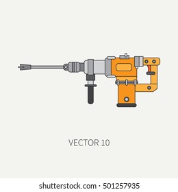 Line flat vector icon with building electrical tool perforator. Construction and repair work. Powerful industrial instrument. Cartoon style. Illustration , element for your design. Engineering. Work.