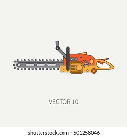 Line flat vector icon with building electrical tool - chainsaw . Construction and repair work. Powerful industrial instrument. Cartoon style. Illustration , element for your design. Engineering. Work.