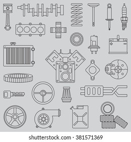 Line flat vector icon car parts set with undercarriage, engine elements. Industrial style. 