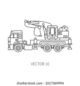 Line flat vector icon construction machinery truck excavator. Industrial retro style. Corporate cargo delivery. Commercial car transportation. Building. Business engineering. Power dig. Illustration.