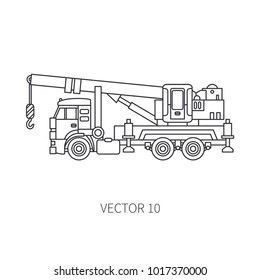 Line flat vector icon construction machinery truck auto crane. Industrial retro style. Corporate cargo delivery. Commercial car transportation. Building. Business engineering. Power lift. Illustration