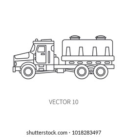 Line flat vector icon construction machinery truck tank. Industrial retro style. Corporate cargo delivery. Commercial car transportation. Building. Business. Engineering. Diesel power. Illustration
