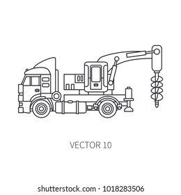 Line flat vector icon construction machinery truck boer, well. Industrial retro style. Corporate cargo delivery. Commercial car transportation. Building. Business engineering. Power dig. Illustration.