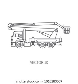 Line flat vector icon construction machinery truck auto crane. Industrial retro style. Corporate cargo delivery. Commercial car transportation. Building. Business engineering. Power lift. Illustration