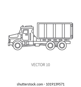 Line flat vector icon construction machinery truck container. Industrial retro style. 