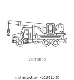 Line flat vector icon construction machinery truck auto crane. Industrial retro style. 