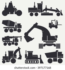Line flat vector icon construction machinery set with bulldozer, crane, truck, excavator, forklift, cement mixer, tractor, roller, grader. Industrial style. Silhouette.
