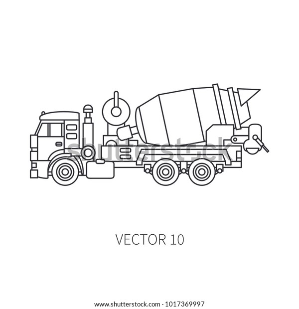 Line flat vector icon construction\
machinery truck cement mixer. Industrial retro style. Corporate\
cargo delivery. Commercial transportation. Building. Business.\
Engineering. Concrete.\
Illustration.
