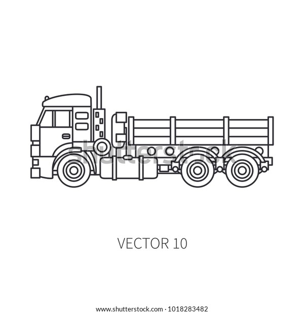 Line flat vector icon construction\
machinery truck tipper. Industrial retro style. Corporate cargo\
delivery. Commercial car transportation. Building. Business.\
Engineering. Diesel power.\
Illustration.
