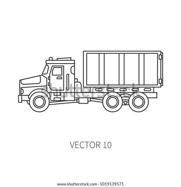 Line flat vector icon construction\
machinery truck container. Industrial retro style.\
