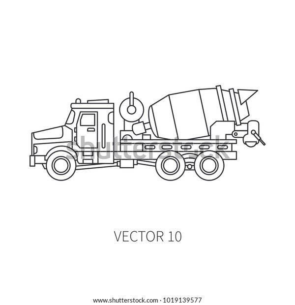 Line flat vector icon\
construction machinery truck cement mixer. Industrial retro style.\
