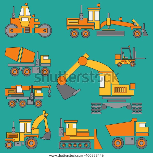 Line flat\
vector icon construction machinery set with bulldozer, crane,\
truck, excavator, forklift, cement mixer, tractor, roller, grader.\
Industrial style. Construction machinery.\
Cars.