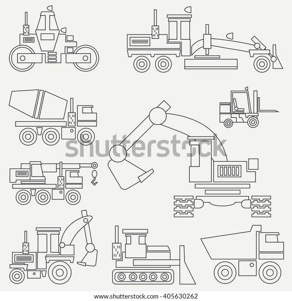 Line flat\
vector icon construction machinery set with bulldozer, crane,\
truck, excavator, forklift, cement mixer, tractor, roller, grader.\
Industrial style. Construction machinery.\
Cars.