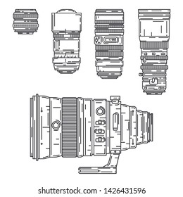 Line flat vector icon digital photographer professional equipment. Photography art. Various photographic camera lens telephoto, fish eye, portrait. Cartoon style illustration. Snapshot photo studio.