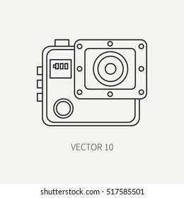 Line flat vector icon with digital action camera. Photography and art. Megapixel photocamera. Cartoon style. Illustration , element for your design. Photographic lens. Simple. Monochrome. Creativity.