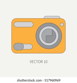 Line flat vector icon with digital mini camera. Photography and art. Megapixel photocamera. Cartoon style. Illustration , element for your design. Photographic lens. Simple. Color. Creativity. Shoot.