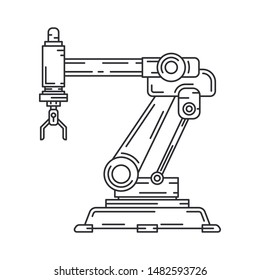 Line flat vector icon factory conveyor robot arm system. Automatic industry assembly robotic machinery. Globalization laborer technology process. Mechanical worker. Cartoon style illustration, design.