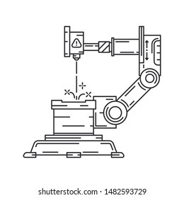 Line flat vector icon factory conveyor robot arm system. Automatic industry assembly robotic machinery. Globalization laborer technology process. Mechanical worker. Cartoon style illustration, design.