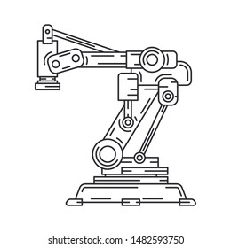 Line flat vector icon factory conveyor robot arm system. Automatic industry assembly robotic machinery. Globalization laborer technology process. Mechanical worker. Cartoon style illustration, design.