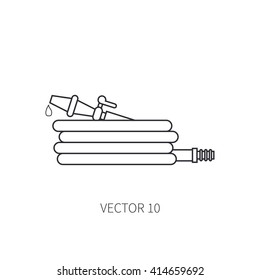 Line flat vector icon garden tool - garden hose. Cartoon style. Vector illustration and element for your design. Garden object. Tool. Equipment symbols.