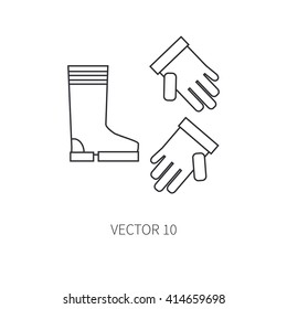 Line flat vector icon garden tool - gardening gloves and boots. Cartoon style. Vector illustration and element for your design. Garden object. Tool. Equipment symbols.