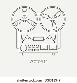 Line flat vector icon with retro electrical audio device reel tape recorder. Analog broadcast. Music. Cartoon style. Nostalgia musical equipment. Vector illustration , element for your design. Loud.