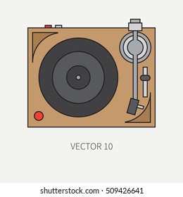 Line flat vector icon with retro electrical audio device vinyl record-player. Analog music. Cartoon style. Nostalgia musical equipment. Vector illustration , element for your design. Broadcast. Dj.