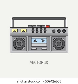 Line flat vector icon with retro electrical audio device boombox. Analog broadcast. Music. Cartoon style. Nostalgia musical equipment. Vector illustration , element for your design. Receiver. Stereo.