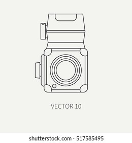 Line flat vector icon with retro analog film cameras. Photography and art. Reflex 35mm photocamera. Cartoon style. Illustration , element for your design. Photographic lens. Simple. Monochrome. Shoot.