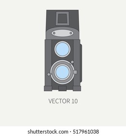 Line flat vector icon with retro analog film cameras. Photography and art. Reflex 35mm photocamera. Cartoon style. Illustration, element for your design. Photographic lens. Simple. Color. Shoot. Lens.