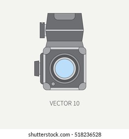 Line flat vector icon with retro analog film cameras. Photography and art. Reflex 35mm photocamera. Cartoon style. Illustration, element for your design. Photographic lens. Simple. Color. Shoot. Lens.