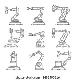 Line flat vector icon set factory conveyor robot arm system. Automatic industry assembly robotic machinery. Globalization laborer technology process. Mechanical worker. Cartoon style illustration.